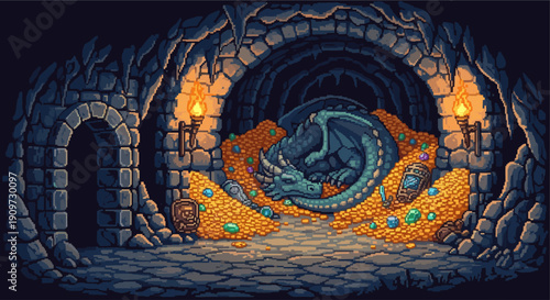Pixel art illustration of a dragon asleep atop a pile of gold coins and jewels in a torchlit cave. Good for fantasy, gaming, and retro style projects.
