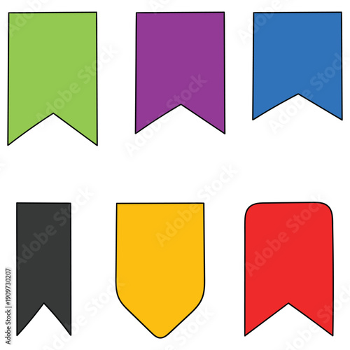 Hand-drawn cartoon set of colored bookmarks on a white background.