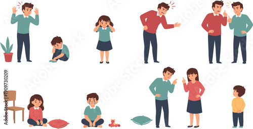 Parents Scolding and Children Showing Fear and Sadness in Family Conflict, Discipline, Stress, and Emotional Behavior Illustration Set
