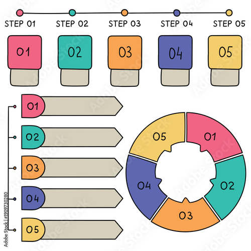 Hand-drawn cartoon set of infographic elements on a white background.