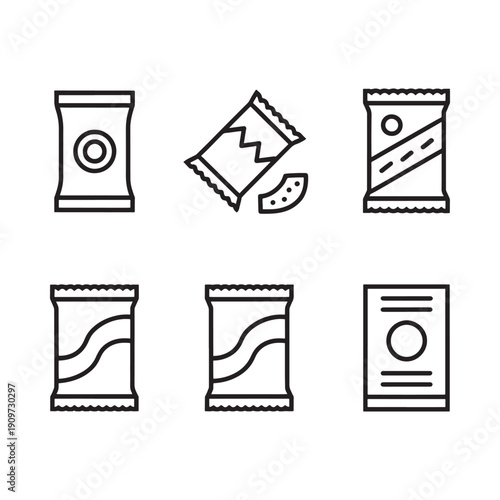 Line art illustration of various snack food packaging options