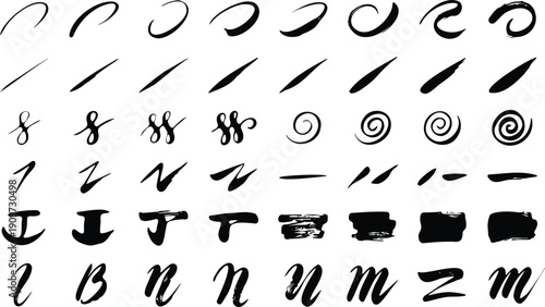 Calligraphic brush strokes and artistic ink swirls for elegant design compositions