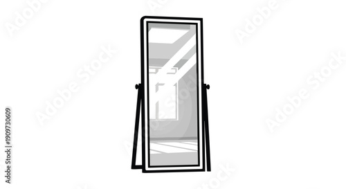 Standing rectangular mirror with black frame and reflection of interior space in minimalist flat design