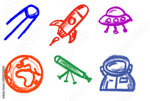 Cute Space Exploration Related Icons Crayon Chalk Drawing Doodle Vector Set