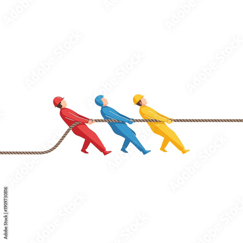 Teamwork Tug of War: People in Red, Blue, Yellow Pulling Rope