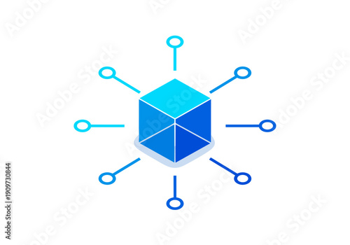 A blue isometric cube with multiple connecting lines radiating outwards, representing network, blockchain, or data distribution.