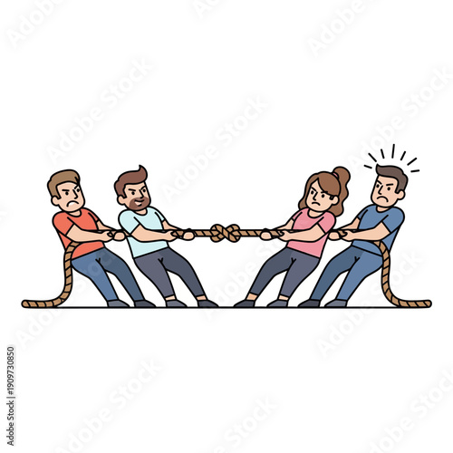 Tug of War Competition: Teams Pulling Rope in Cartoon Style