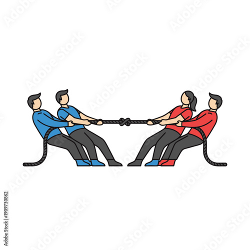 Tug of War Team Competition, Two Teams Pulling Rope, Vector Illustration