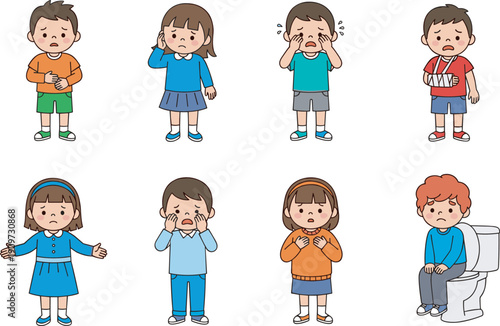 Cute sick children with different symptoms, cartoon kids illness and injury isolated on white background
