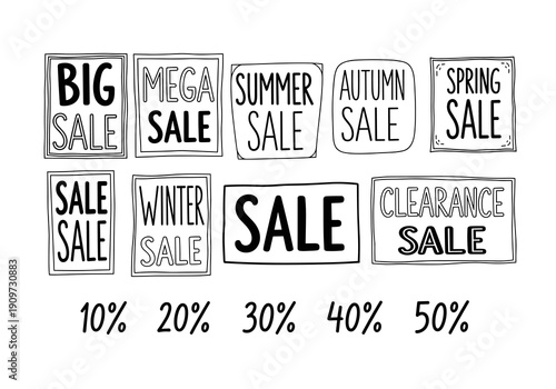 Hand-drawn doodle style frames display various seasonal sale signs and discount percentages for marketing campaigns on a white background.