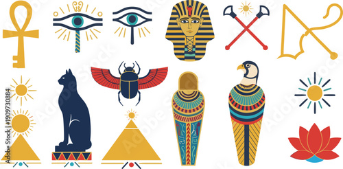 Ancient Egyptian Symbols and Sacred Icons Set with Pharaoh, Ankh, Eye of Horus, Scarab, Pyramid, and Mythology Elements Illustration