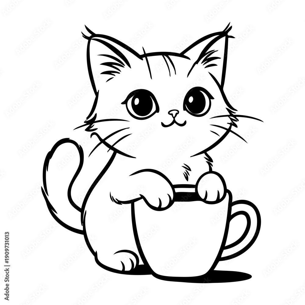 Fototapeta premium Logo cafetería Pet Friendly. Dibujo sencillo con líneas de un gato simpático apoyado en una taza de café caliente