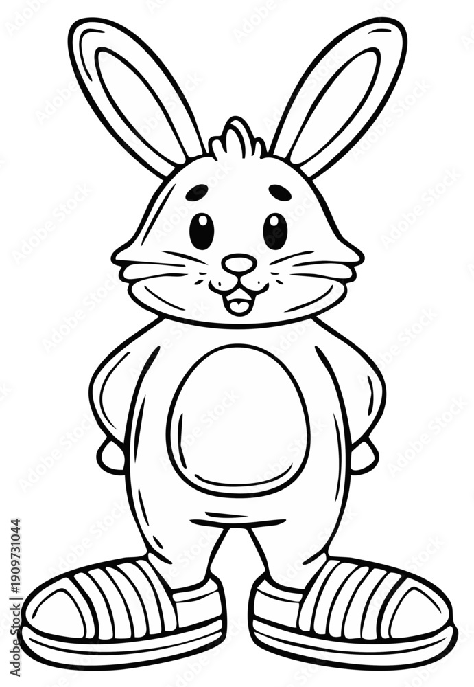 Obraz premium Cute cartoon rabbit wearing sneakers, standing and smiling with large ears and a round belly