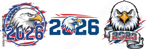 Patriotic Bald Eagle Mascot and 2026 Grunge Design Vector Set