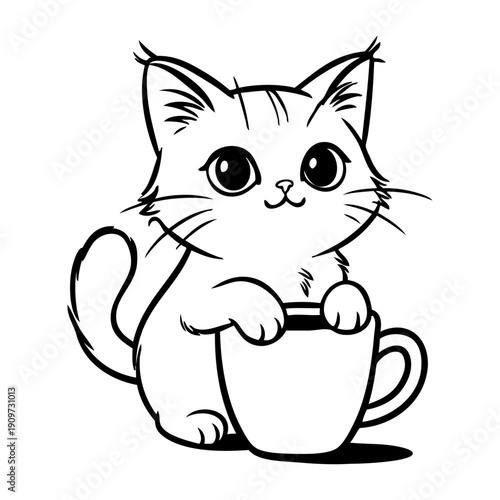 Logo cafetería. Dibujo sencillo con líneas de un gato simpático apoyado en una taza de café caliente