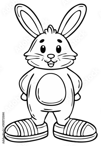 Cute cartoon rabbit wearing sneakers, standing and smiling with large ears and a round belly