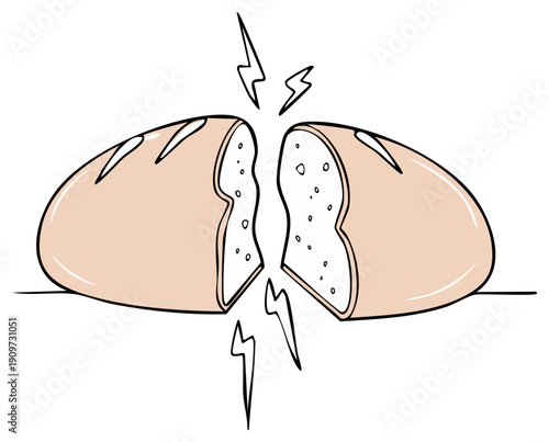 Conceptual art of a loaf of bread splitting in half with stylized lightning bolts symbolizing energy or division