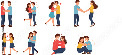 Romantic Couples Hugging and Holding Hands in Loving Relationships for Valentine’s Day, Dating, Marriage, and Emotional Connection Illustration Set