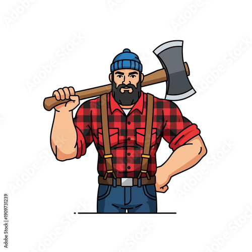 Cartoon Lumberjack Holding Axe, Red Plaid Shirt, Blue Beanie, Jeans, Suspenders