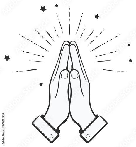 Praying hands illustration with star burst and stars, symbol of faith and hope, vector design