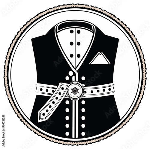 Traditional Formal Menswear Illustration Stylish Vest Shirt and Sash in a Decorative Circle Frame