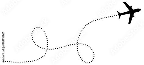 Flying plane route map with dotted path. Airplane journey trail across locations with dashed lines. Vector illustration isolated on white.