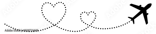 Flying airplane with dotted line path. Love journey route with two hearts shapes. Vector illustration isolated on white.
