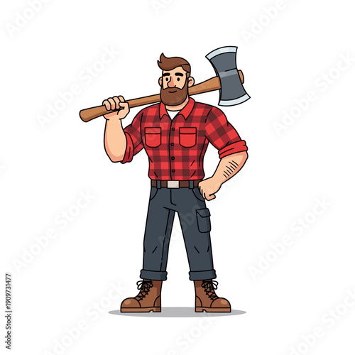 Cartoon Lumberjack with Axe on Shoulder, Red Plaid Shirt, Jeans, Boots, White Background