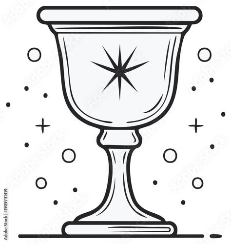 Mystical chalice icon with star pattern and geometric shapes, holy grail, cup or goblet in black outline, religious symbol