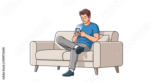 A young man relaxes on a sofa while using his smartphone