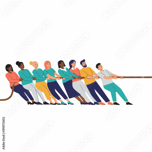 Diverse team in tug of war, concept of competition and teamwork