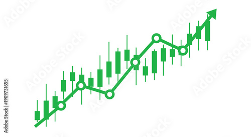A green financial candlestick chart shows an upward trend with a line graph overlay and marked data points.