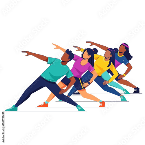 Diverse people exercising together, group fitness class, modern flat illustration
