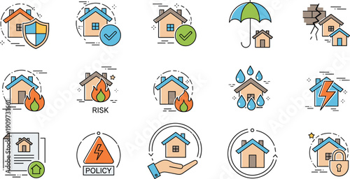 Home Insurance and Property Protection Icon Set with Risk, Safety, Policy, Disaster Coverage Symbols for Real Estate and Financial Services