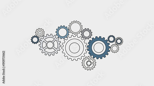 Interlocking gears of various sizes and colors on a light background.