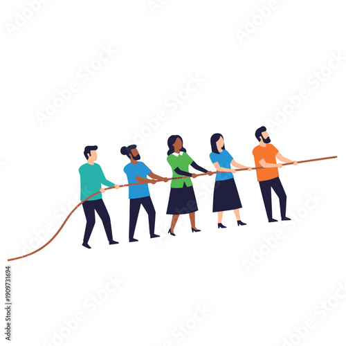 Diverse Team Pulling Rope Tug of War Competition, Unity, Struggle, Collaboration