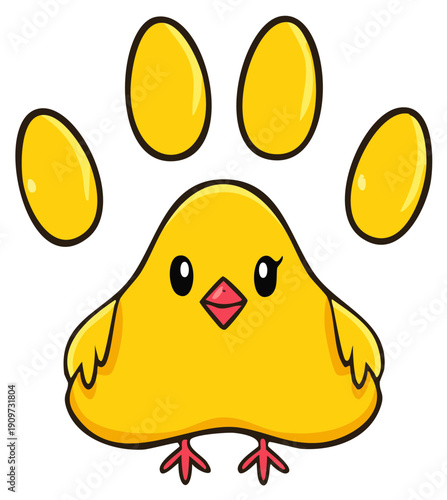 Cheerful yellow baby chick cartoon with big eyes shaped like a charming animal paw print design