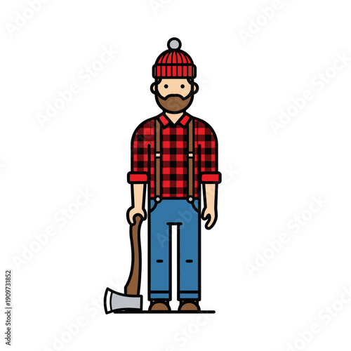 Lumberjack Cartoon Character with Axe, Plaid Shirt and Beanie Hat