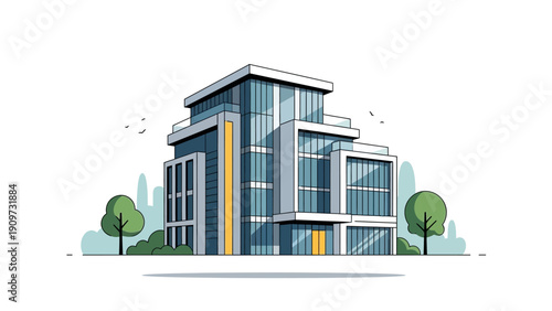 Modern apartment building with sleek design and large windows.