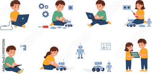 Kids Learning Robotics and Coding with Robots and Computers for STEM Education, Technology Classes, and Creative Innovation Illustration Set