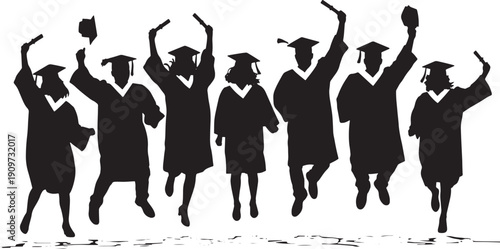 Silhouette of group of people in graduation gowns and caps jumping  celebrating education achievement