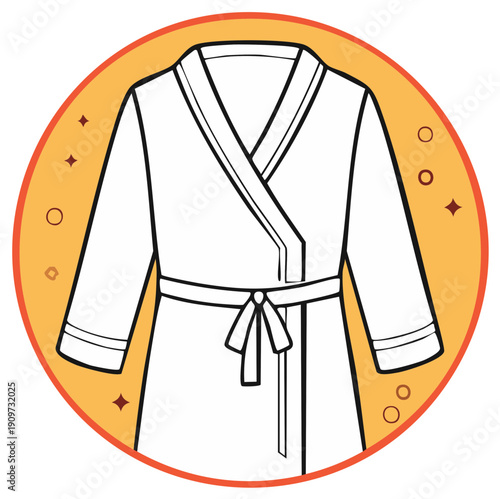 Illustration of a white bathrobe with a tie on a yellow background in a circular frame