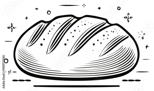 Artistic Black and White Sketch of a Loaf of Bread with Decorative Sparkles and Lines