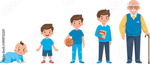 Stages of male life from baby to elderly man, cartoon growth timeline isolated on white background