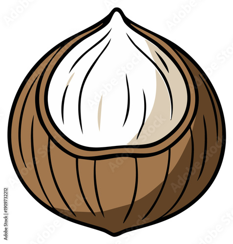 A simple cartoon illustration of a half coconut with white flesh