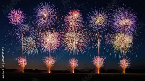 See the dynamic spectacle of multiple colorful fireworks illuminating the starlit sky. Feel the booming energy and shimmering trails as celebration engulfs the night in a magical scene.