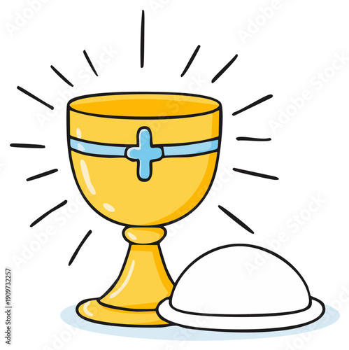 Golden Chalice and Bread for Holy Communion Eucharist Cartoon Illustration