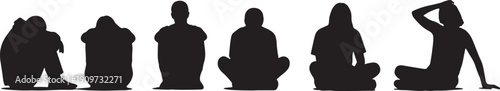 Set of people sitting in different poses silhouettes on white
