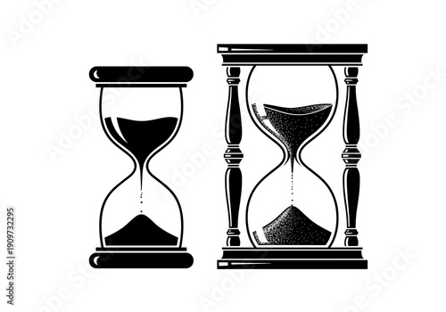Two distinct hourglasses in silhouette, one with sand completely settled, the other actively measuring time passing.