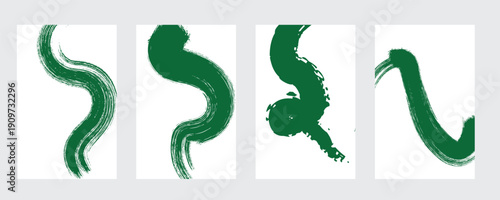 Abstract green brush strokes on white background in four panels